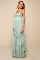 Stunning Personality Sage Green Mesh Off-the-Shoulder Maxi Dress