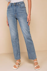 Enviable Aura Medium Wash High-Rise Raw Hem Straight Leg Jeans