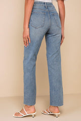 Enviable Aura Medium Wash High-Rise Raw Hem Straight Leg Jeans