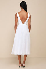 Dreamy Presence White Tulle Floral Applique Bow Midi Dress