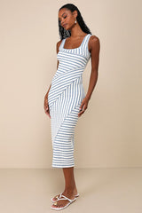 Constantly Trendy Blue Striped Crinkle Bodycon Midi Dress