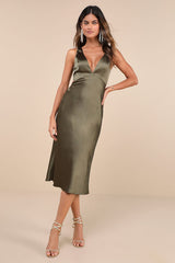 Unmatched Elegance Olive Satin Sleeveless Midi Dress