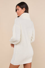 Casual Coziness Ivory Waffle Knit Cowl Neck Sweater Dress