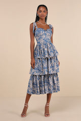 Lovely Bliss Blue Floral Jacquard Strapless Bustier Midi Dress