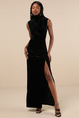 Alluring Image Black Ruched Velvet Mock Neck Maxi Dress