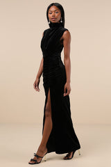 Alluring Image Black Ruched Velvet Mock Neck Maxi Dress