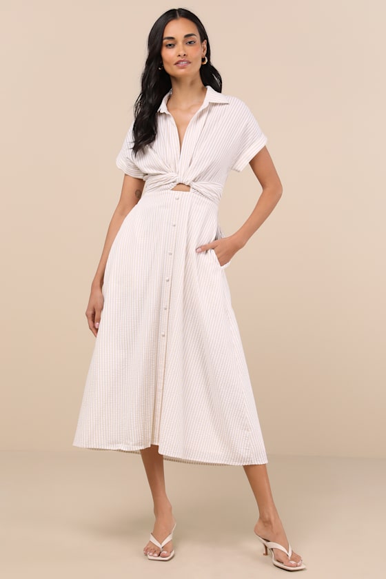 Adorable Impression Beige and White Midi Dress With Pockets