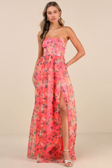 Wonderful Waltz Coral Floral Print Strapless Bustier Maxi Dress
