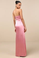 Extraordinary Presence Pink Satin Strapless Maxi Dress