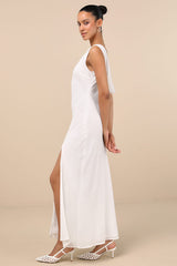 Yaneli White Boat Neck Cowl Back Maxi Dress