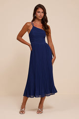 Wondrous Muse Dark Blue Pleated One-Shoulder Midi Dress