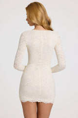 Scalloped-Lace Long-Sleeve Mini Dress in White