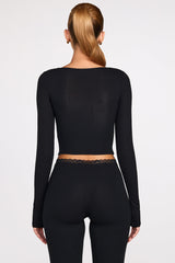 Ribbed Modal Long-Sleeve Laced Bra Top in Black