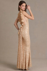 Embellished Open-Back Maxi Dress in Gold