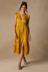 Cause to Celebrate Yellow and Gold Dot Ruffled Tiered Midi Dress