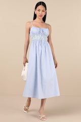 Shereen Blue Striped and Floral Sleeveless Poplin Midi Dress