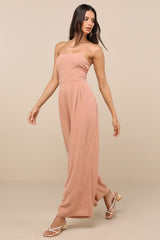 Breezy Essential Light Brown Linen Wide-Leg Jumpsuit