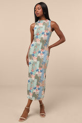 Ziya Olive Multi Floral Mesh Mock Neck Midi Dress