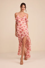 Tameron Pink Floral Ruffled High-Low Maxi Dress