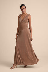 Renee Light Brown Satin Plisse V-Neck Maxi Dress