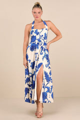 Layton Blue and Cream Floral Halter Maxi Dress