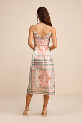 Bensley Beige Multi Boho Print Satin Wrap Midi Dress