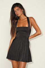 Admirably Chic Black Satin Lace-Up Mini Dress With Pocket