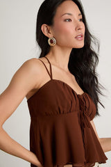 Yasha Brown Tie-Front Babydoll Cami Top