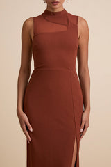 Irresistibly Modern Rust Brown Mesh Mock Neck Maxi Dress
