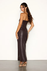 Antionette Dark Brown Vegan Leather Column Maxi Dress
