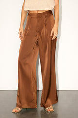 Bessah Light Brown Satin Wide Leg Mid-Rise Trouser Pants
