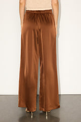 Bessah Light Brown Satin Wide Leg Mid-Rise Trouser Pants