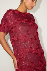 Kayleena Burgundy Sequin Rosette Tie-Back Shift Dress