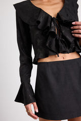 Esmina Black Jacquard Ruffled Tie-Front Top