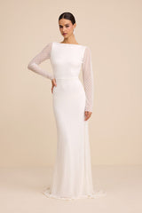 Mariani White Sequin Beaded Backless Long Sleeve Maxi Dress