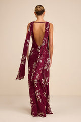 Sidonia Burgundy and Gold Floral Cowl Sash Maxi Dress