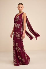 Sidonia Burgundy and Gold Floral Cowl Sash Maxi Dress
