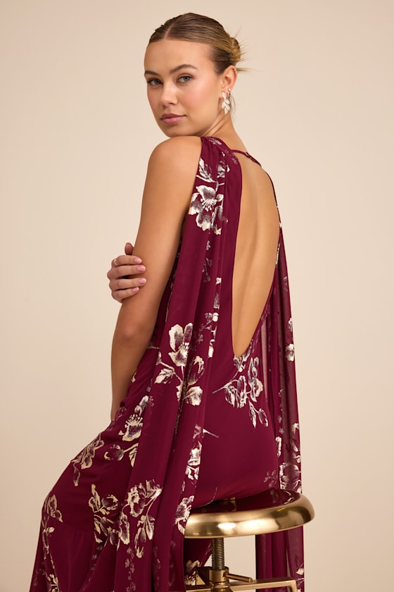 Sidonia Burgundy and Gold Floral Cowl Sash Maxi Dress