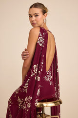 Sidonia Burgundy and Gold Floral Cowl Sash Maxi Dress