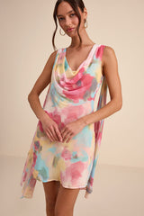 Siya Pink Multi Abstract Print Cowl Sash Mini Dress