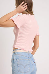 Keighlen Light Pink Ribbed Ruffled Short Sleeve Sweater Top