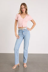 Keighlen Light Pink Ribbed Ruffled Short Sleeve Sweater Top