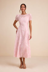 Elfrieda Blush Floral Embroidered Puff Sleeve Midi Dress