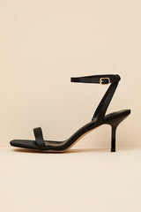 Ensley Black Satin Kitten Heel Ankle Strap Sandals
