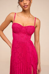 Dacie Fuchsia Floral Burnout Pleated Bustier Maxi Dress