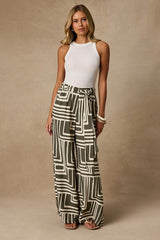 Azariah Olive Green Boho Print Wide-Leg Pants