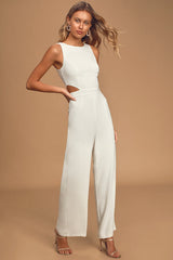Moments to Remember White Sleeveless Wide-Leg Cutout Jumpsuit