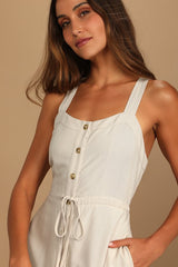 See the City Beige Button-Front Tiered Midi Dress