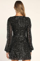 Festive Mood Black Sequin Long Sleeve Mini Dress