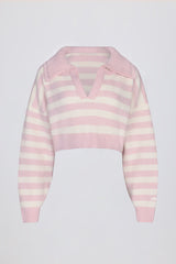 Soft Knit Layered Collar Cropped Jumper in Pink Stripe